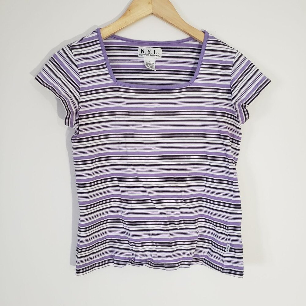 N.Y.L. Womens Striped Short‎ Sleeve Purple White Shirt Size S Cotton Y2K Casual